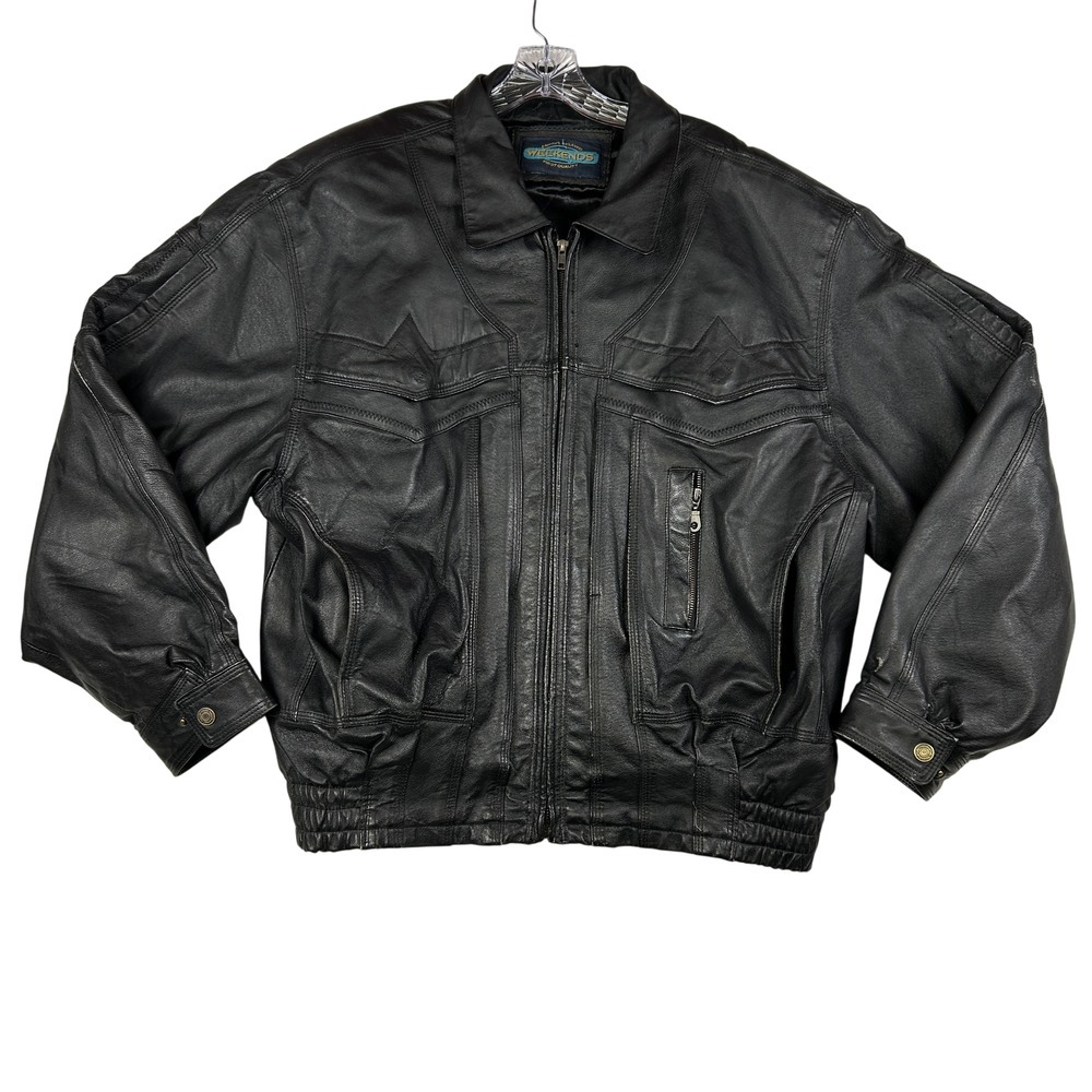 Vintage Weekends Leather Jacket Mens XL Black Bomber‎ Western Grunge Detail
